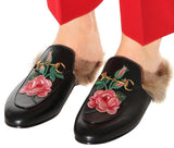 Princetown Leather Fur lined Embroidered Rose Slipper in Black - DESIGNER INSPIRED FASHIONS