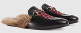 Princetown Fur lined Leather Embroidered Snake Slipper in Black - DESIGNER INSPIRED FASHIONS