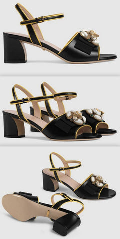 Leather Mid-Heel Sandal with Bee