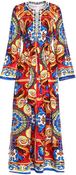 Sicily Print Embellished Long Kaftan-Dress