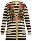 Floral-Embroidered Striped Knit Cardigan Sweater