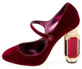 Velvet Mary Jane Pumps with Jewel Heel - Red or Green