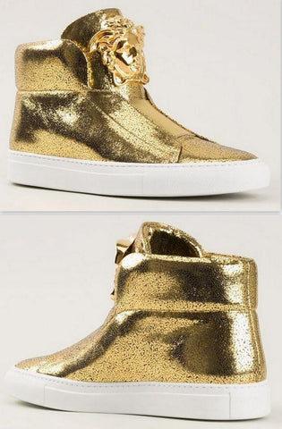 Medusa-Head Laceless Hi-Top Leather Sneakers in Gold - DESIGNER INSPIRED FASHIONS