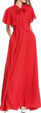 Flutter-Sleeve Long Gown with Tie-Neck Collar, Red