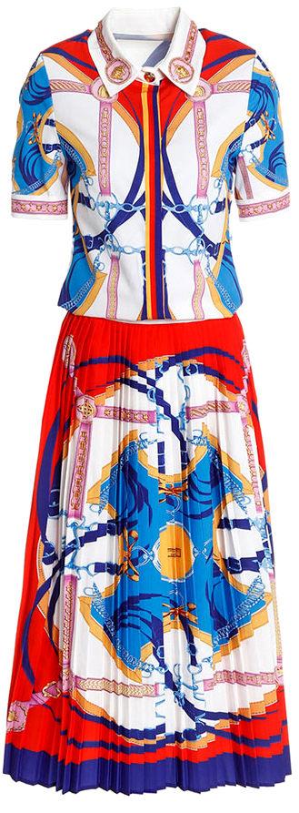 Printed Short-Sleeve Blouse and Pleated Skirt Set