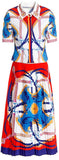 Printed Short-Sleeve Blouse and Pleated Skirt Set