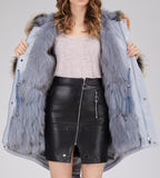 Fox Fur Lined Parka Coat - Pink, White, Blue