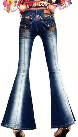 Embroidered Faded Bell-Bottom Jeans - DESIGNER INSPIRED FASHIONS