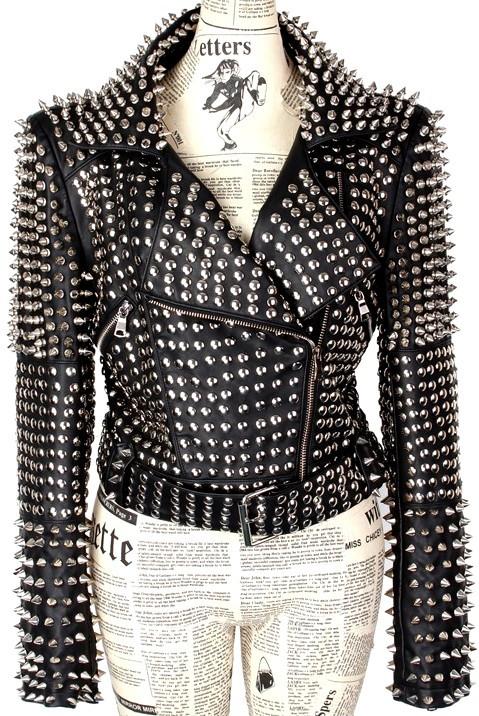 Black Heavily-Studded Faux-Leather Motorcycle Jacket - DESIGNER INSPIRED FASHIONS