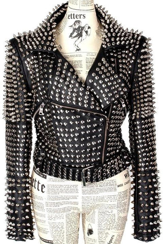 Black Heavily-Studded Faux-Leather Motorcycle Jacket - DESIGNER INSPIRED FASHIONS