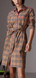 Contrast Piping Check Cotton Shirt Dress