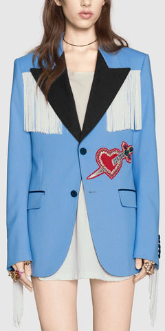 Embroidered Jacket with Fringe in Blue - DESIGNER INSPIRED FASHIONS