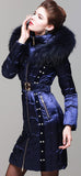 Bead Embellished Satin Sheen White-Duck-Down Coat with Fur-Trim in Blue - DESIGNER INSPIRED FASHIONS