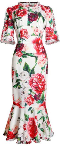 Floral Print Ruffle-Trim Midi Dress