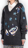 Embellished V-Neck Sweater in Grey - DESIGNER INSPIRED FASHIONS