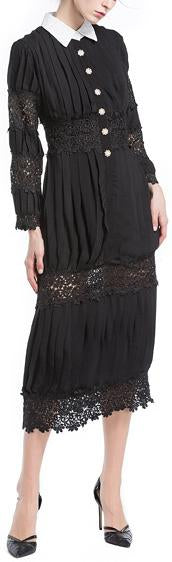 Black Lace-Paneled Button-Down Midi Dress