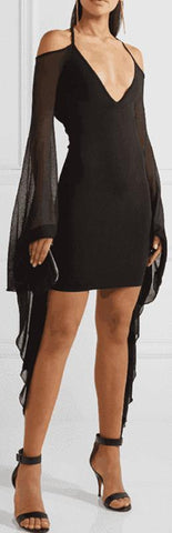 Black Cold-Shoulder Flare-Sleeve Evening Dress