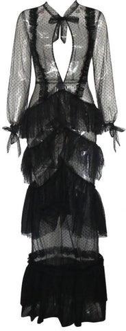Long Black Sheer Tiered Light Lace Dress - DESIGNER INSPIRED FASHIONS