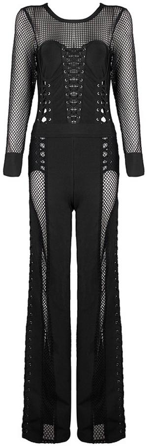 Black Bustier Lace-up Stretch Mesh Jumpsuit