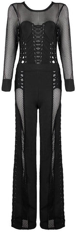 Black Bustier Lace-up Stretch Mesh Jumpsuit