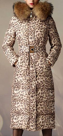 Leopard Print Down Coat with Fur Trim Hood - DESIGNER INSPIRED FASHIONS