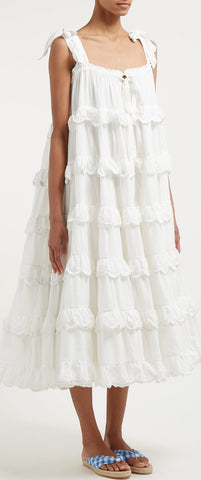 Tiered Cotton Midi Dress, White | DESIGNER INSPIRED FASHIONS