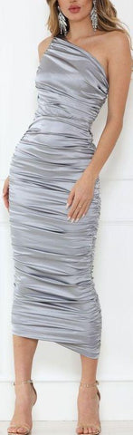 Satin Ruched One-Shoulder Dress