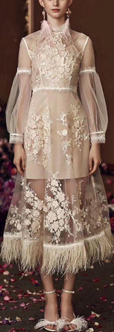 Appliques-Embellished Organza Dress with Feather-Trim