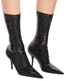 Knife Sequined Sock Boots, Black