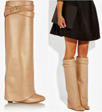 'Shark Lock' Wedge Knee Leather Boots in Beige - DESIGNER INSPIRED FASHIONS