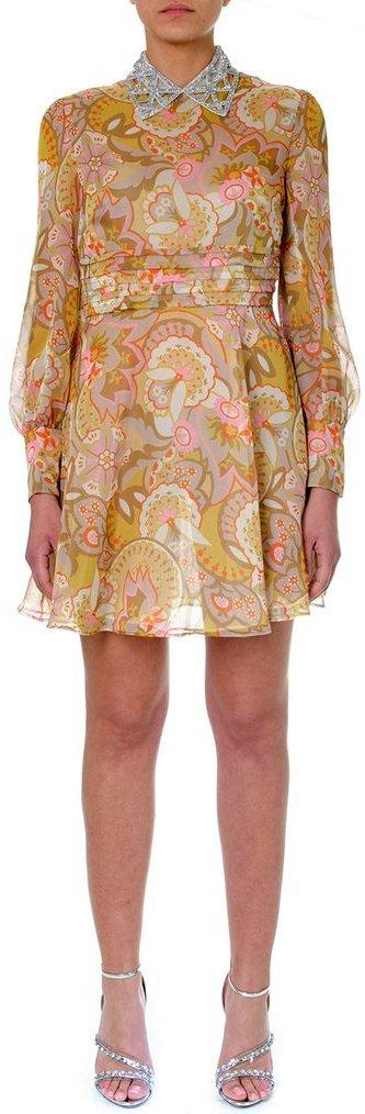 Floral-Print Crystal-Collar Georgette Mini Dress | DESIGNER INSPIRED FASHIONS