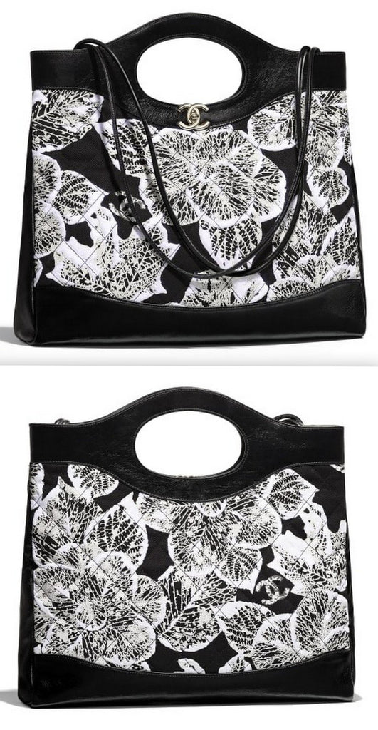 31 Large Shopping Bag in Calfskin and Cotton with Gold Tone Hardware - Black and White