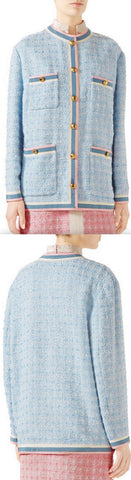 Stripe-Trim Button-Front Tweed Jacket