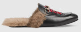 Princetown Fur lined Leather Embroidered Snake Slipper in Black - DESIGNER INSPIRED FASHIONS