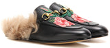 Princetown Leather Fur lined Embroidered Rose Slipper in Black - DESIGNER INSPIRED FASHIONS