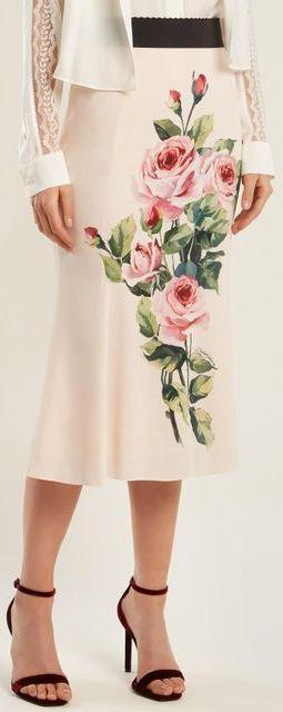 Rose-Print Silk Midi Skirt