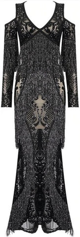 Black Cold-Shoulder Sequin-Embellished Fringed Gown