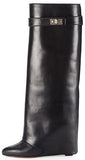 'Shark Lock' Wedge Knee Leather Boots in Black - DESIGNER INSPIRED FASHIONS