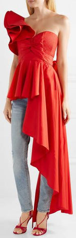 Paso Doble One-Shoulder Ruffled Poplin Top - Red or White