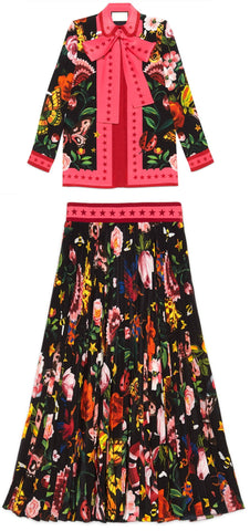'Garden Exclusive' Printed Neck-Tie Blouse & Pleated Skirt in Black - DESIGNER INSPIRED FASHIONS