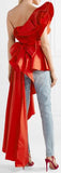 Paso Doble One-Shoulder Ruffled Poplin Top - Red or White