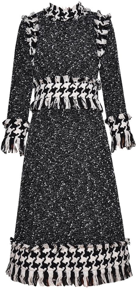 Fringed Tweed Houndstooth Paneled Dress