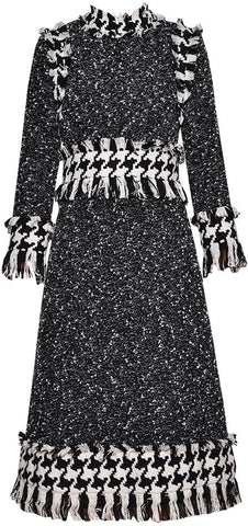 Fringed Tweed Houndstooth Paneled Dress
