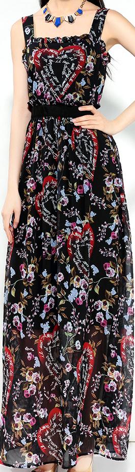 Printed Black Ruffle-Trim Chiffon Maxi Dress