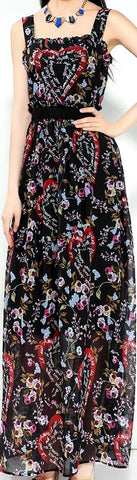 Printed Black Ruffle-Trim Chiffon Maxi Dress