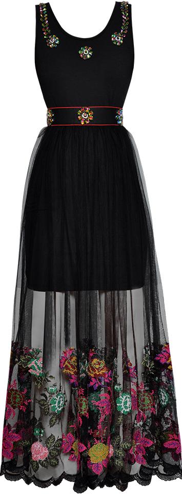 Embellished Dress with Embroidered Tulle Skirt