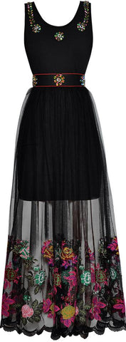 Embellished Dress with Embroidered Tulle Skirt