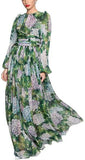 Green Hydrangea Printed Chiffon Dress