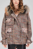 Printed-Pocket Fur-Hooded Short Tweed Coat