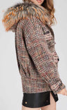 Printed-Pocket Fur-Hooded Short Tweed Coat